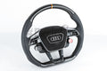 Custom Audi A6, S6, RS6, A7, S7, RS7, C8 steering wheel by Exclusive Steering, featuring premium black leather and detailed stitching.