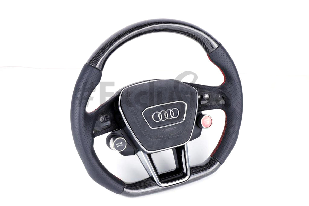 Custom Audi A6, S6, RS6, A7, S7, RS7, C8 steering wheel by Exclusive Steering, showing a sleek leather and metal design.