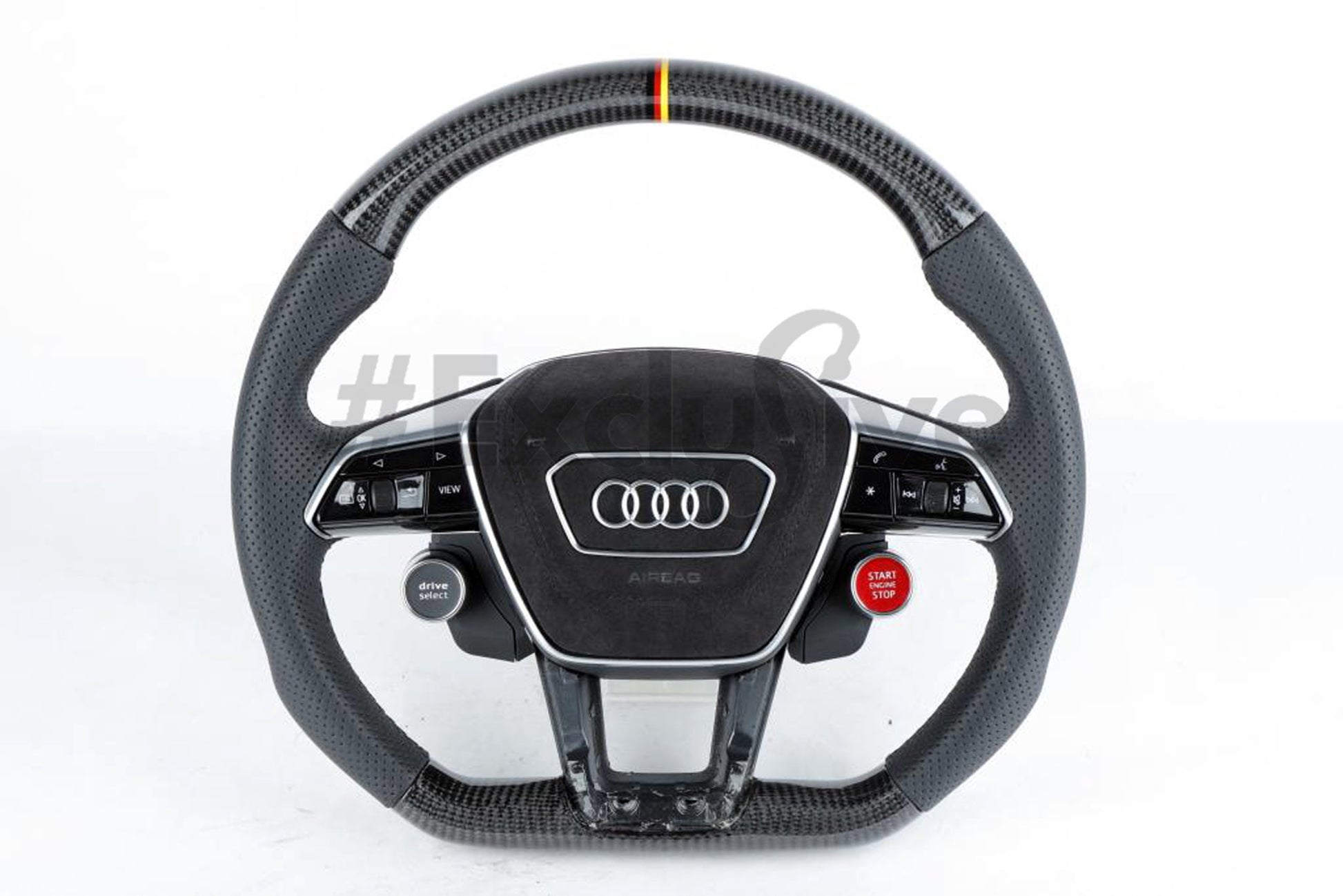 Custom Audi A6, S6, RS6, A7, S7, RS7, and C8 steering wheel by Exclusive Steering, featuring premium leather and detailed stitching.