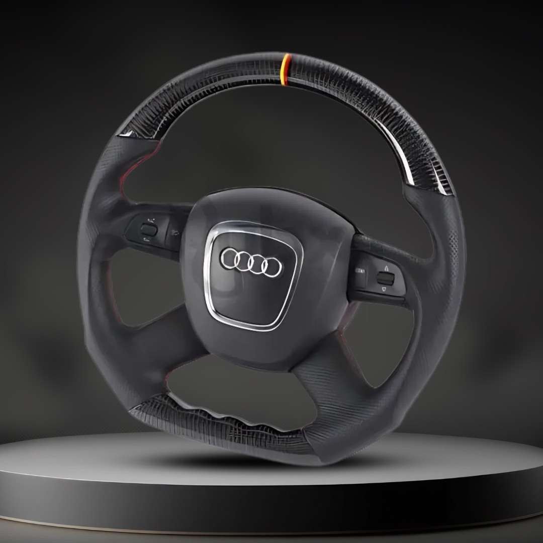 Custom Audi A3, A4, A5, A6, and Q7 steering wheel by Exclusive Steering, showing a close-up of the premium leather and detailed craftsmanship.