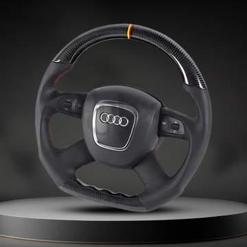 Custom Audi A3, A4, A5, A6, and Q7 steering wheel by Exclusive Steering, showing a close-up of the premium leather and detailed craftsmanship.