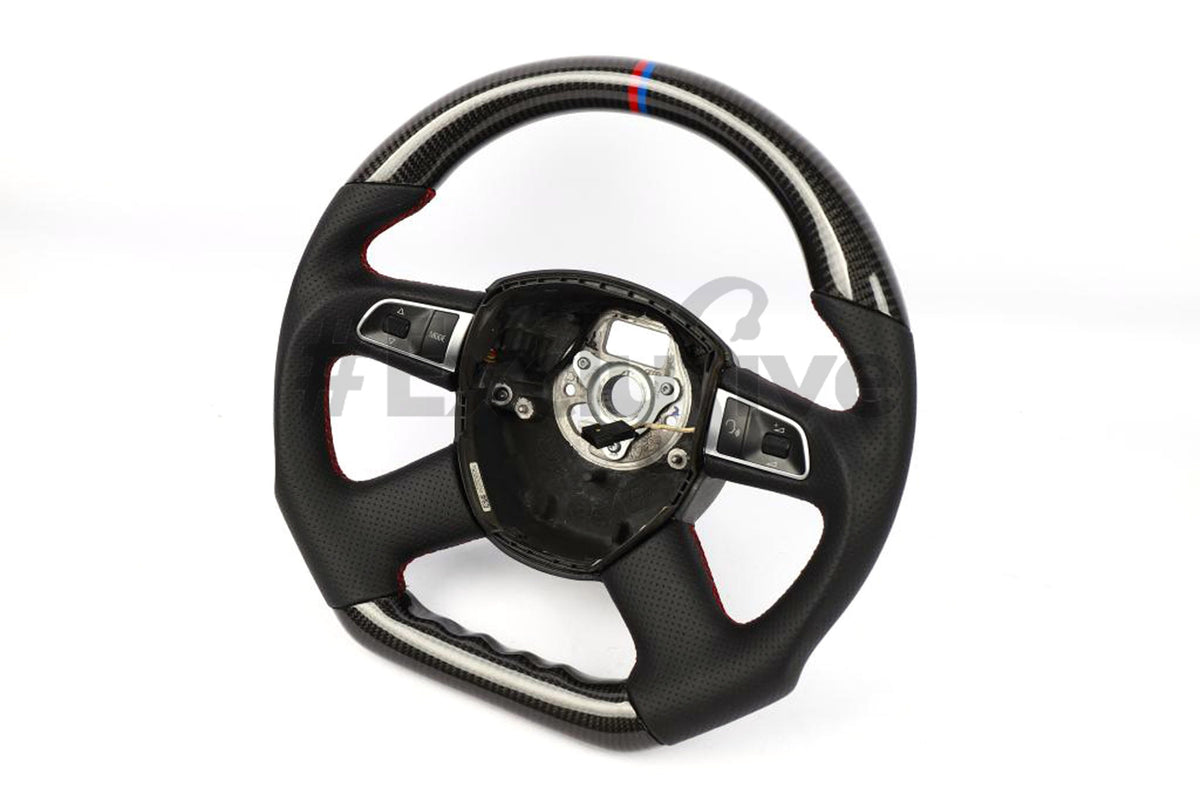 Custom Audi A3, A4, A5, A6, and Q7 steering wheel by Exclusive Steering, featuring premium leather and detailed craftsmanship.