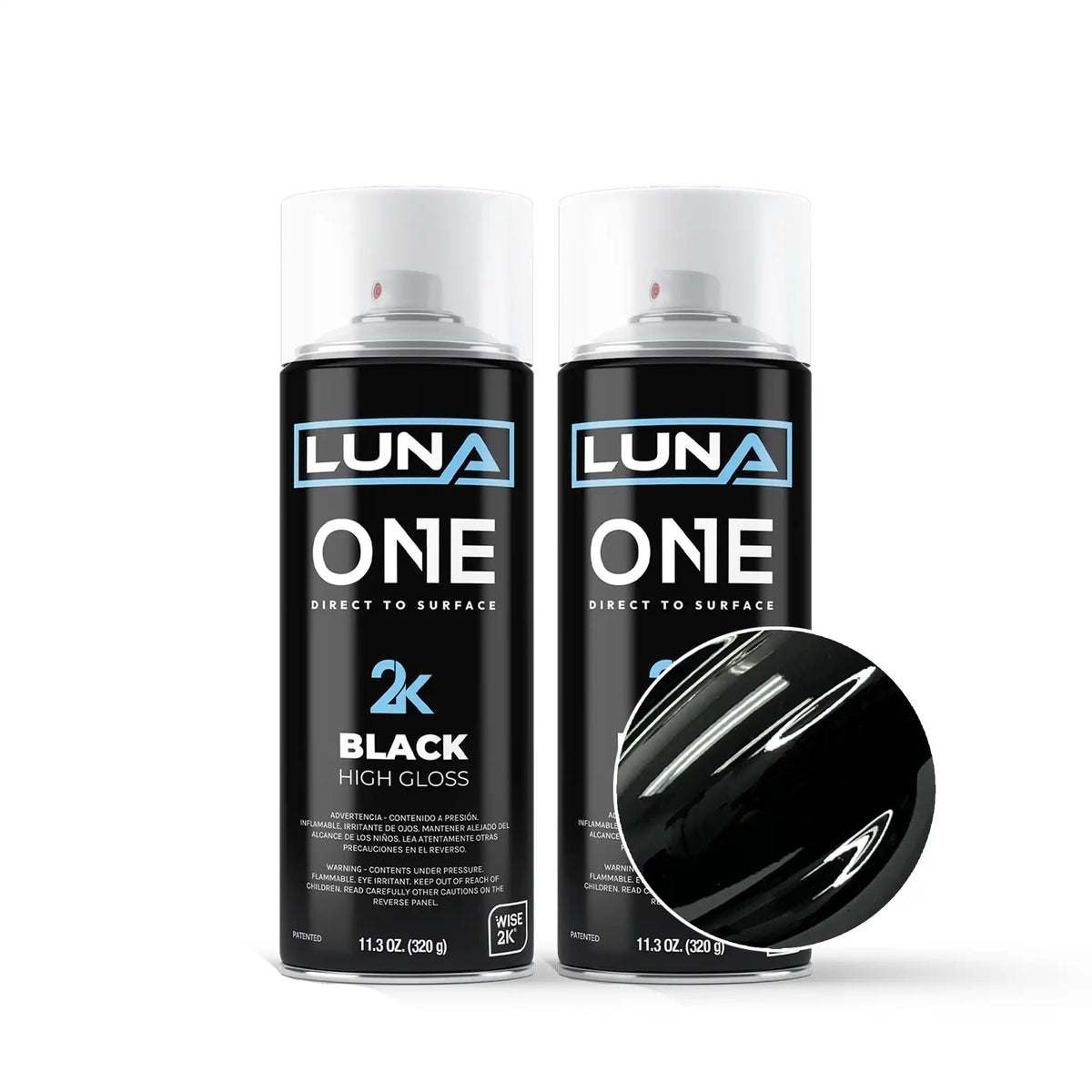 Glossy black aerosol can of Luna One Aerosols by DipYourCar.com, featuring a sleek design and colorful branding on the label.
