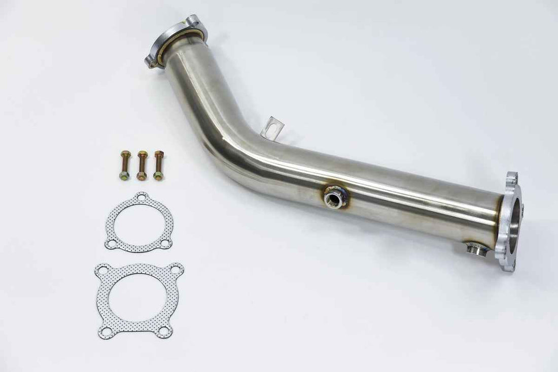 IRL LLC ARM Motorsports Audi A4 B8 3-inch test pipe downpipe, metallic with flange connection, installed in engine bay.