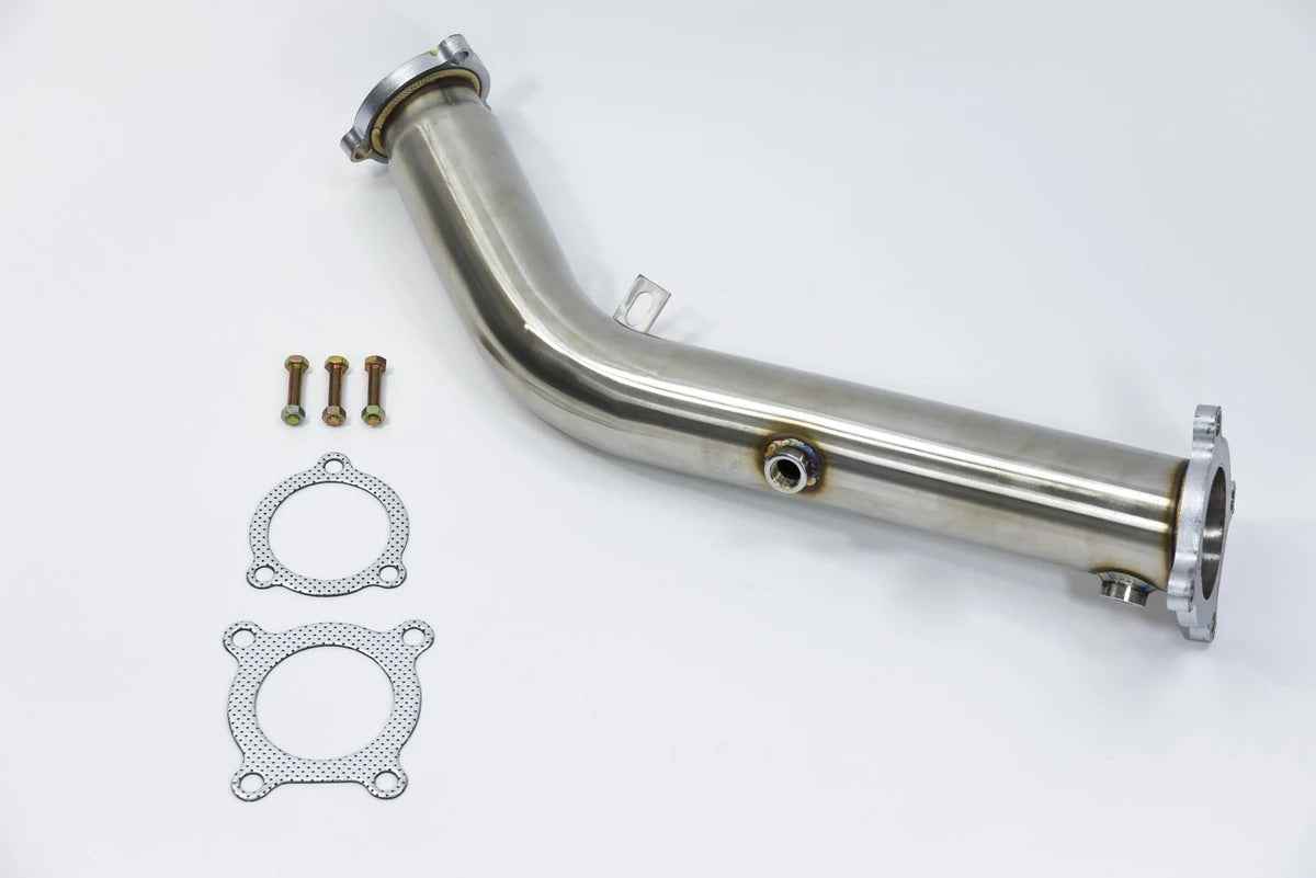 IRL LLC ARM Motorsports Audi A4 B8 3-inch test pipe downpipe, metallic with flange connection, installed in engine bay.
