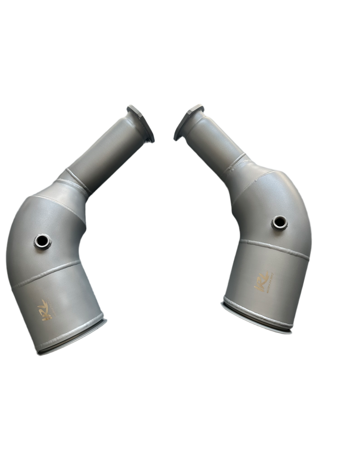 IRL LLC Audi C8 RS7 downpipe with maxflow race design, showcasing the high-performance exhaust component with polished metal finish.