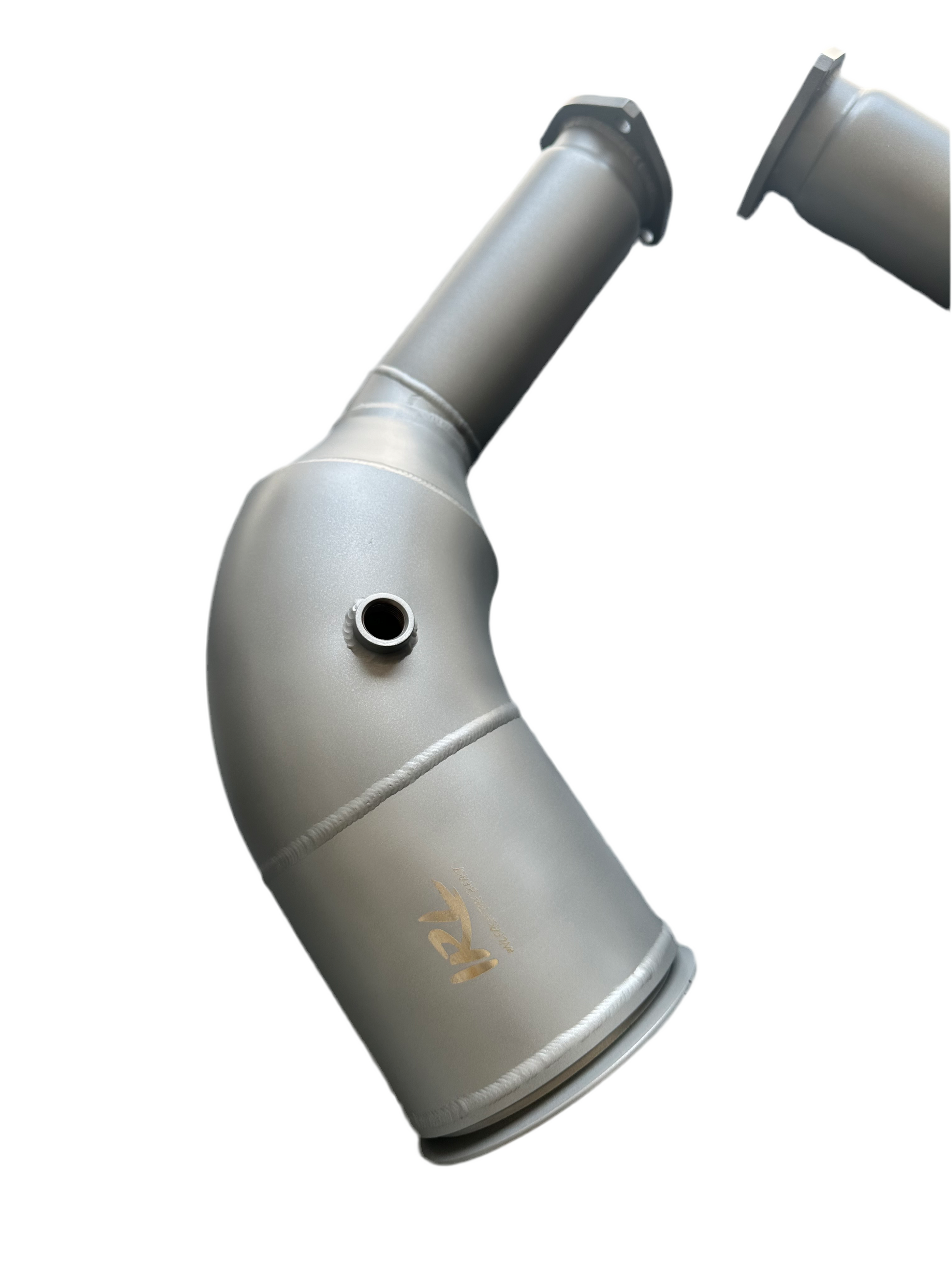 IRL LLC maxflow race downpipe for Audi C8 RS7, high-performance exhaust component with sleek metal finish