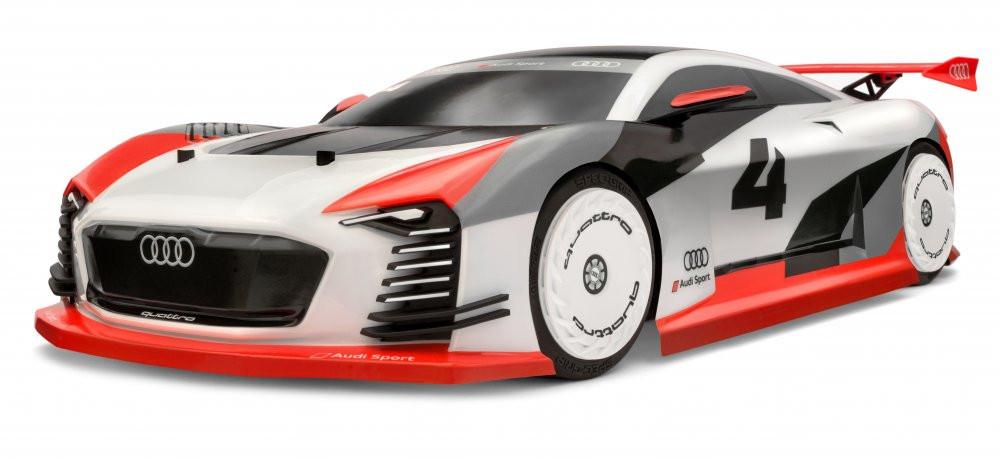 HPI RS4 Sport 3 Flux Audi E-Tron Vision GT 1/10 scale brushless RC car on display, showcasing detailed body and racing design.