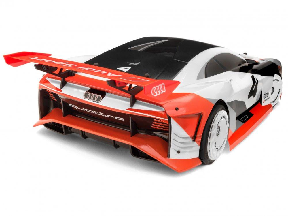 HPI RS4 Sport 3 Flux Audi E-Tron Vision GT 1/10 scale brushless RC car on display, showcasing detailed body design and sporty features.