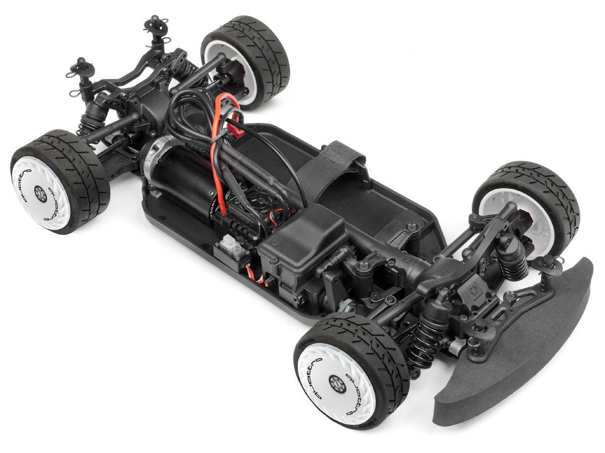 HPI 160202 RS4 Sport 3 Flux Audi E-Tron Vision GT 1/10 scale brushless RC car on display, showcasing detailed body design and vibrant colors.