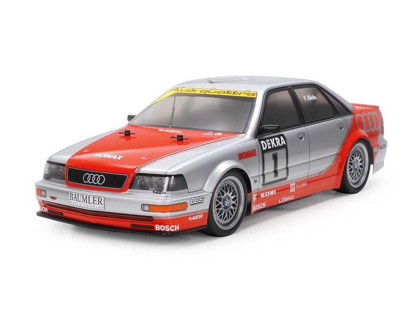 TAMIYA 58699-60A 1/10 RC TT-02 1992 Audi V8 touring model kit with Hobbywing THW 1060 ESC, detailed RC car assembly image.