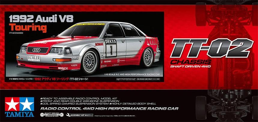 TAMIYA 58699-60A 1/10 RC TT-02 1992 Audi V8 touring model kit with Hobbywing THW 1060 ESC on a display table