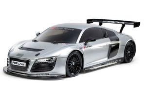 Tamiya 58749 1/10 R/C Audi R8 LMS 2008 scale model car on a TT-02 chassis, detailed blue and white remote control vehicle.