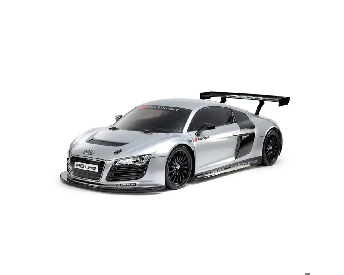 Tamiya TT-02 Audi R8 LMS 1/10 scale 4WD electric touring car kit, assembled with detailed body and racing wheels.