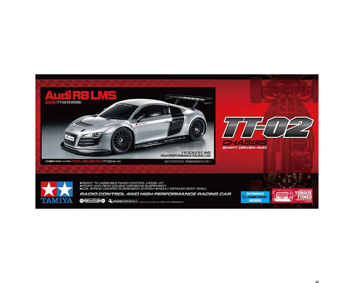 Tamiya TT-02 2008 Audi R8 LMS 1/10 scale 4WD electric touring car kit, featuring detailed body and racing design.