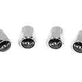 Set of four chrome Kia tire valve stem caps with black logo on white background
