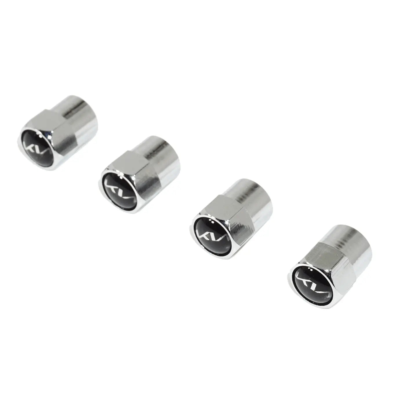 Set of four chrome tire valve stem caps with black and white Kia logo