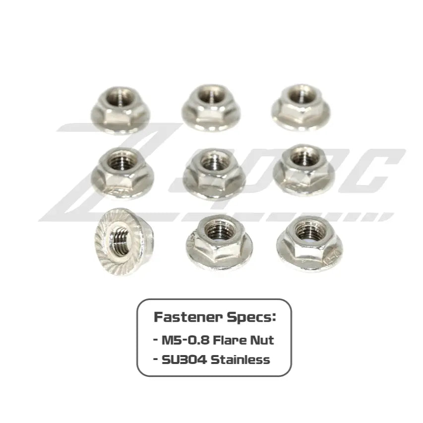Set of 10 ZSPEC M5 metric flare nuts made of SUS304 stainless steel, shown in a close-up of the flare nut design.