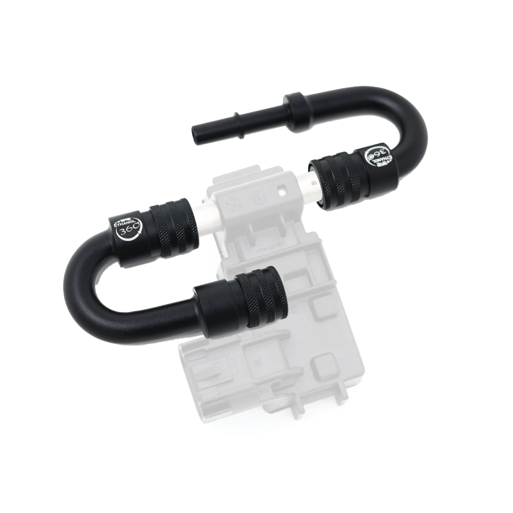 MOTIV Ethanol 360 fittings for fuel systems, shown in close-up with metal connectors and precise threading details.