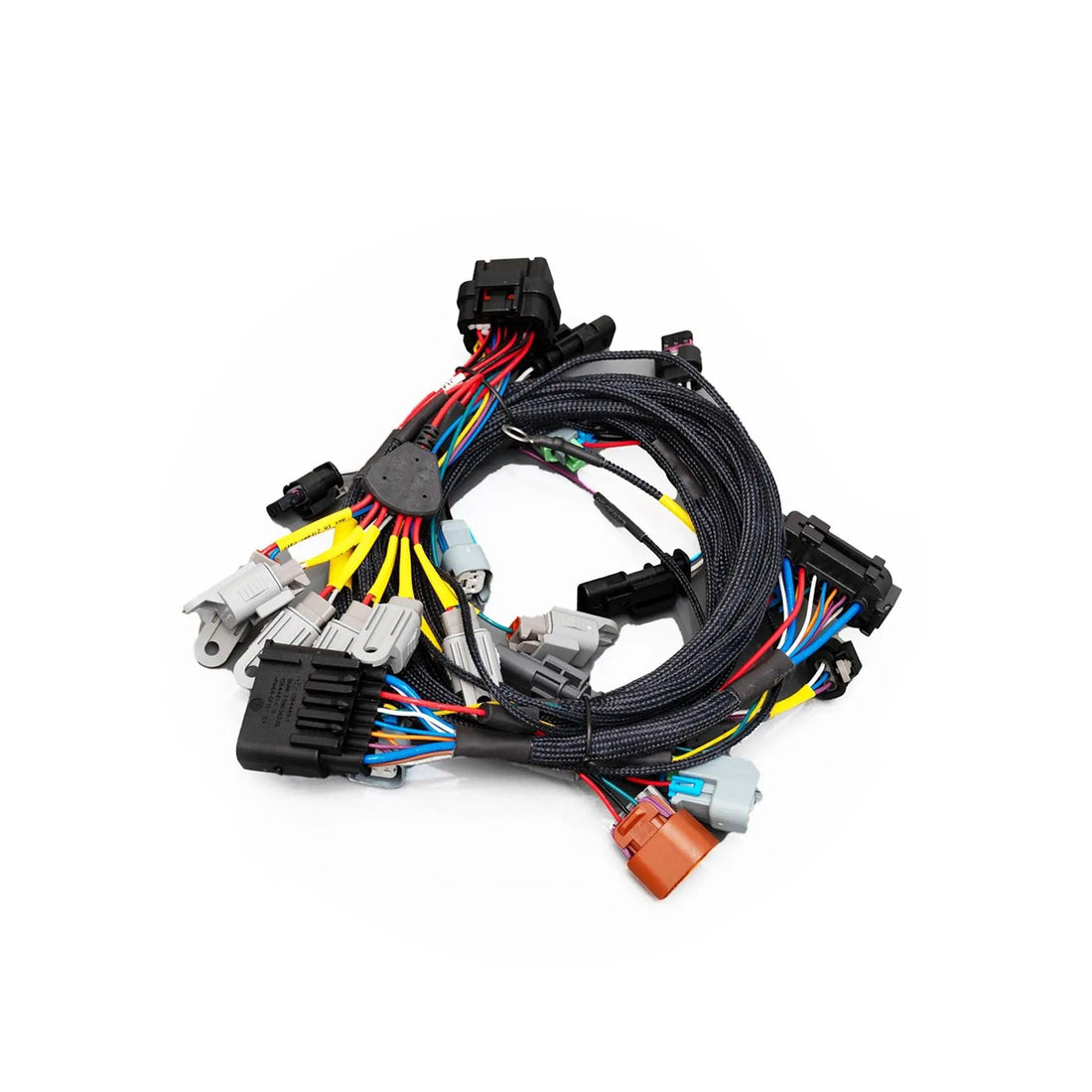 MOTIV ReFlex+ Plug-n-Play Harness Kit for Tensility Motorsport, automotive wiring harness with connectors and electronic components.