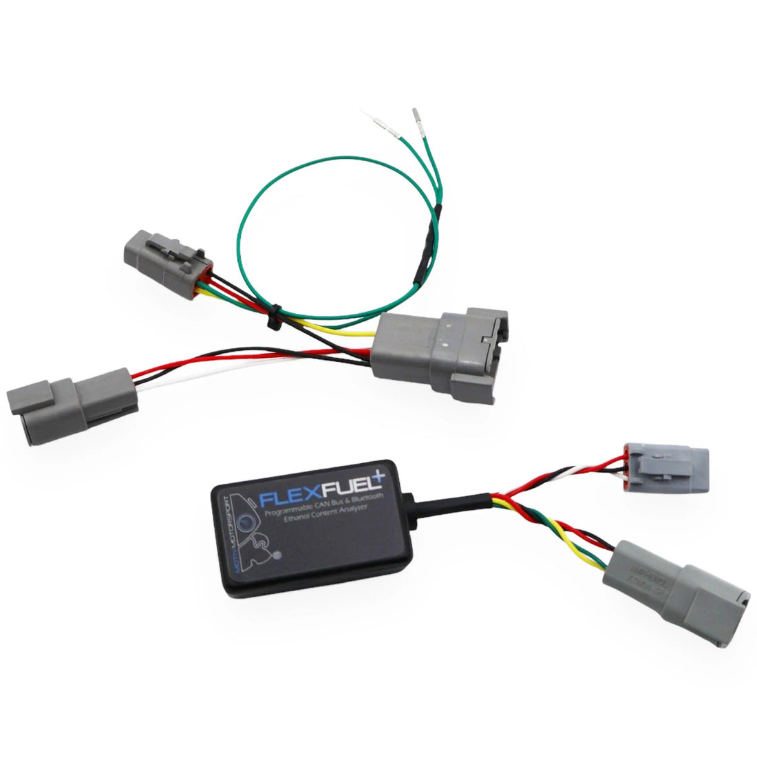 MOTIV FlexFuel+ CAN Bus and Bluetooth ECA upgrade kit for BMW N54 engine, with electronic control components and connectors.