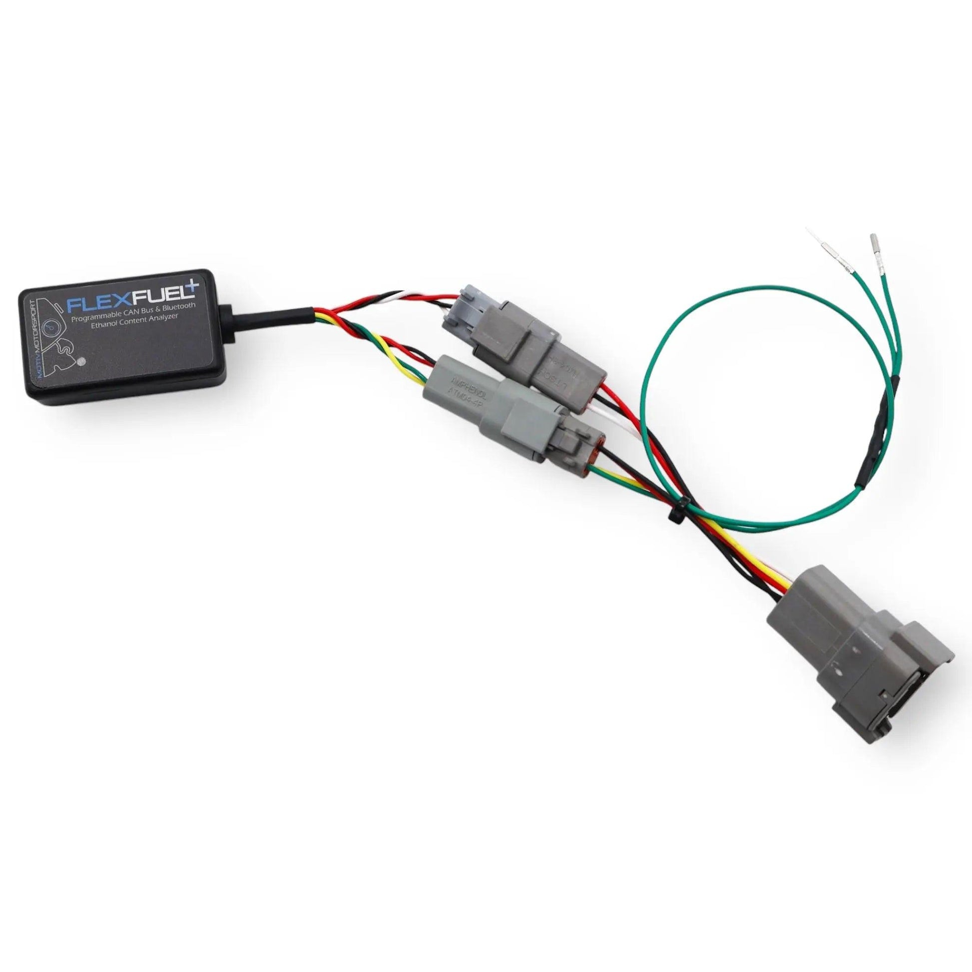 MOTIV FlexFuel+ CAN Bus and Bluetooth ECA upgrade kit for BMW N54 engine, showing the electronic control adapter and wiring components.