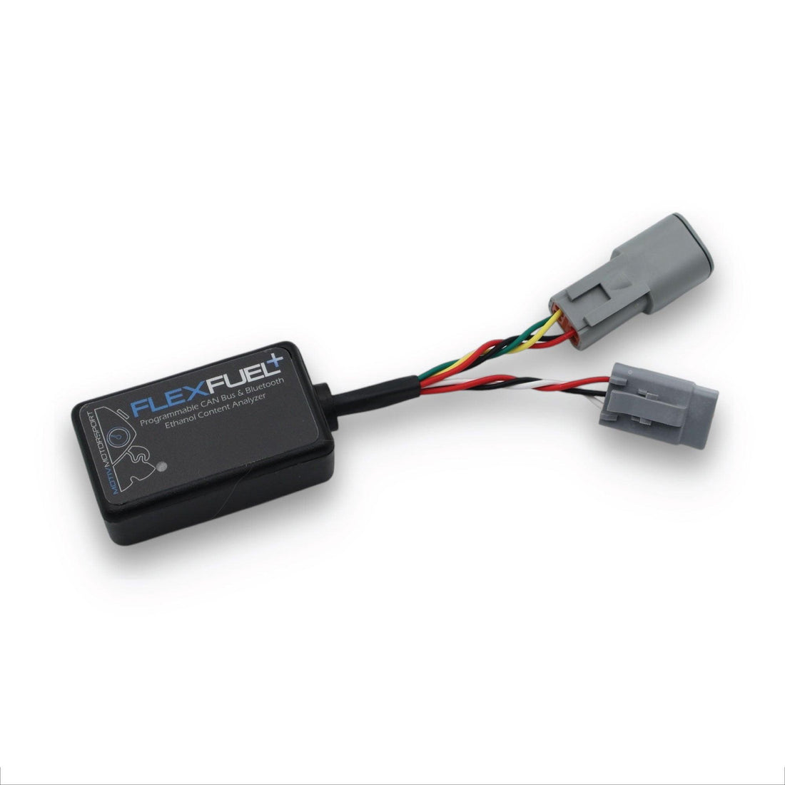 MOTIV FlexFuel+ control unit for vehicle fuel system, compact black device with cables for engine tuning and fuel efficiency.