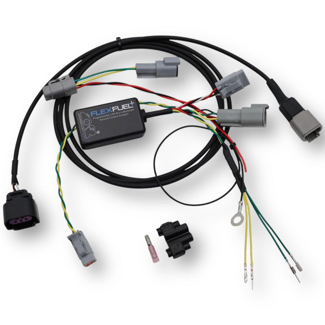 MOTIV FlexFuel+ CAN Bus & Bluetooth ECA device for automotive fuel system monitoring and data communication.