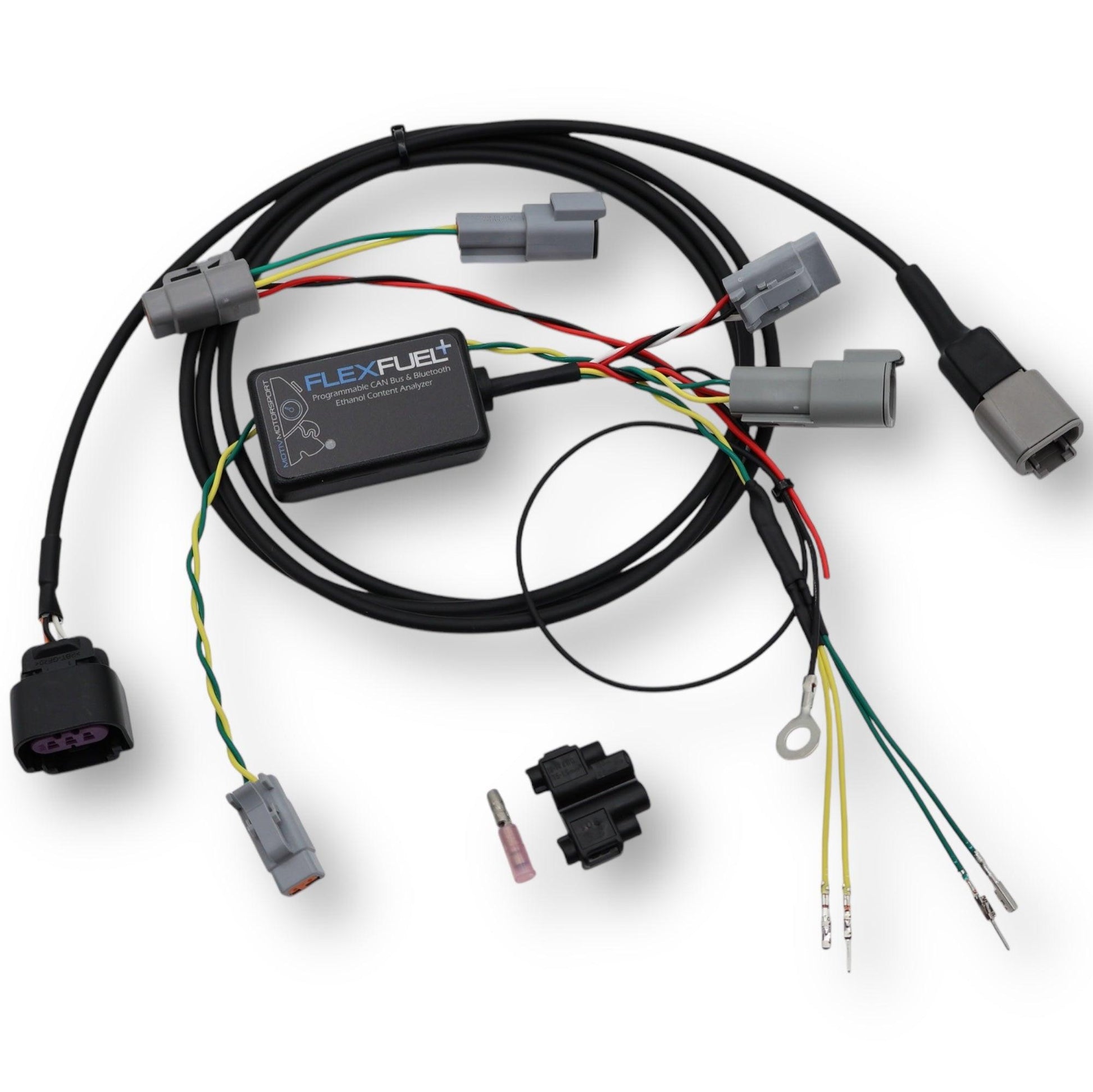 MOTIV FlexFuel+ CAN Bus & Bluetooth ECA device for automotive fuel system monitoring and data communication.