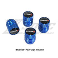 Blue NISMO Nissan tire valve stem cap set with four matching caps, featuring the NISMO logo for a stylish car accessory.