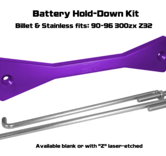 Purple billet ZSPEC battery hold-down bracket with stainless hardware for Nissan Z32 300ZX, designed to secure the battery in place.