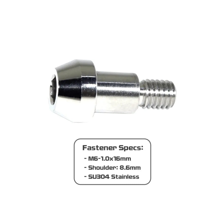 Stainless ZSPEC Design M6-1.0x16mm shoulder bolt with 8.6mm shoulder, shown in close-up view.