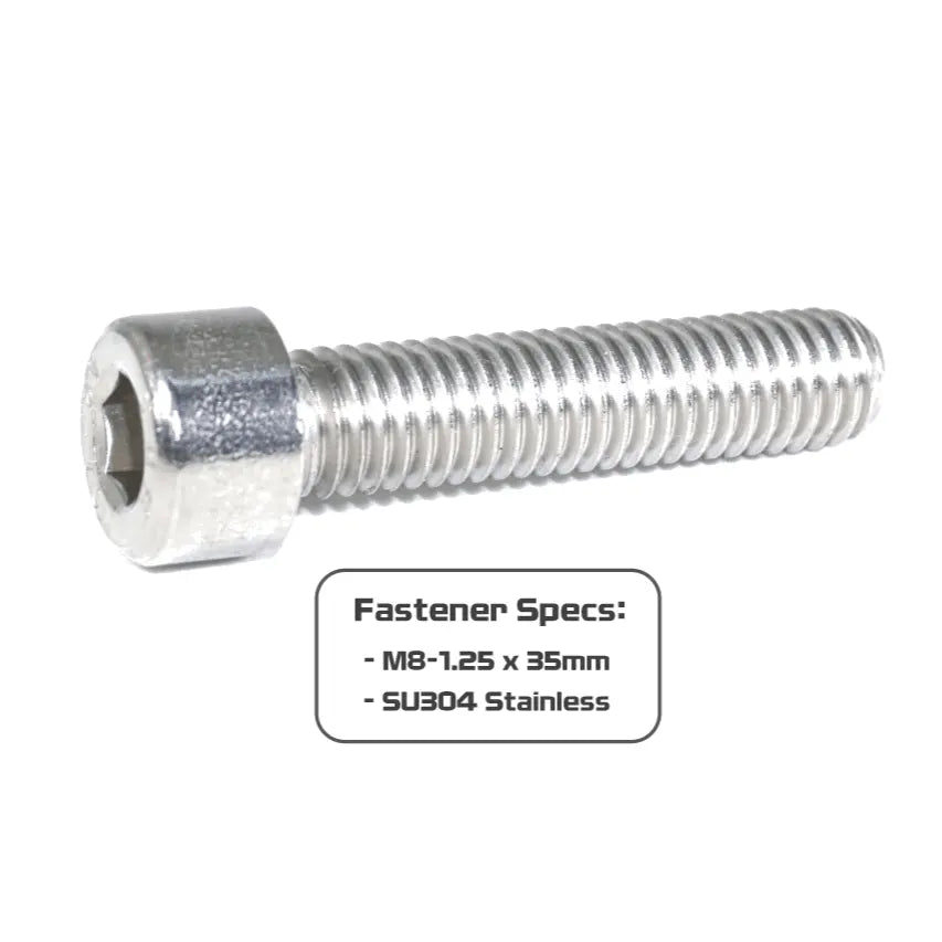 Set of 10 stainless steel ZSPEC M8-1.25x35mm socket cap SHSC fasteners arranged on a flat surface.