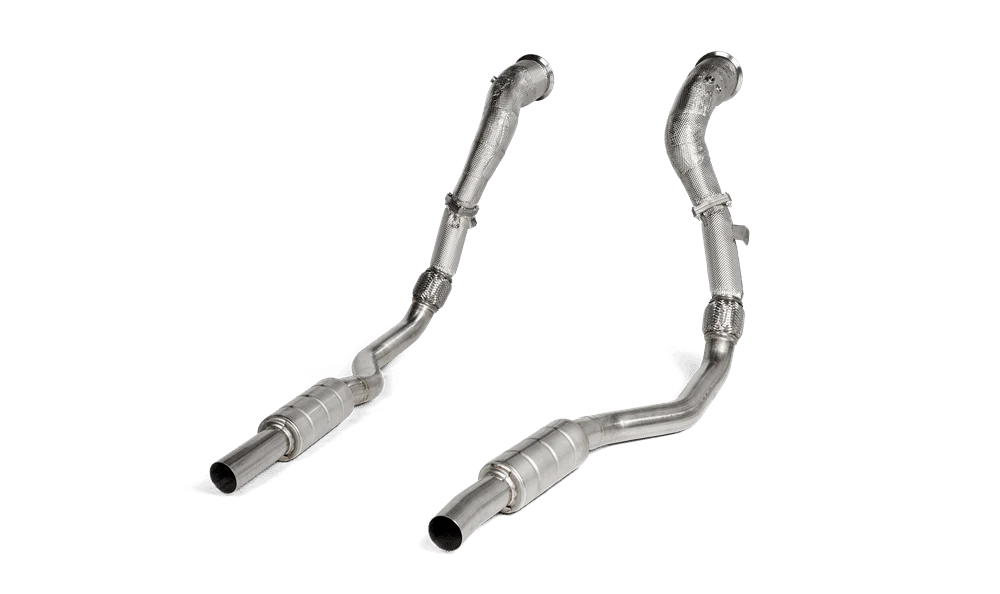 Akrapovic downpipes with link pipes for C8 Audi RS6 Avant exhaust system by Speedzone Performance LLC.