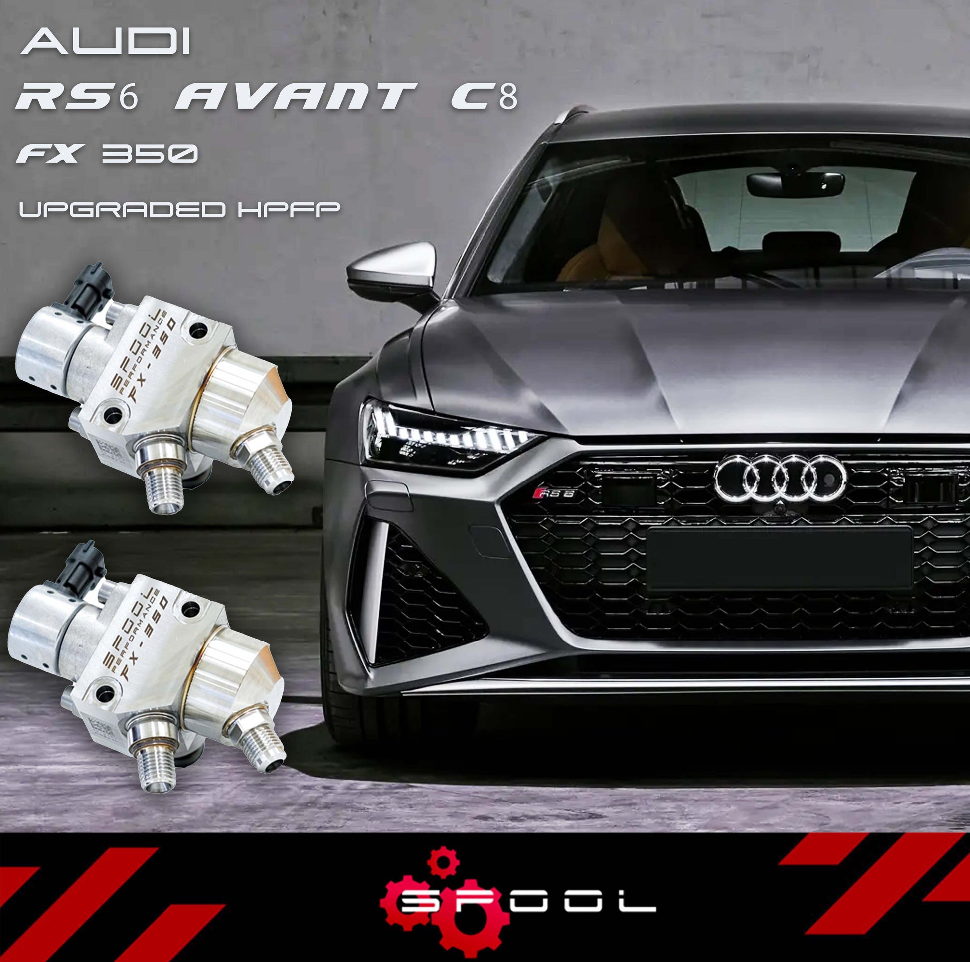 Spool Performance upgraded high-pressure fuel pump system for Audi C8 RS6 Avant FX-350, showing the enhanced pump components.