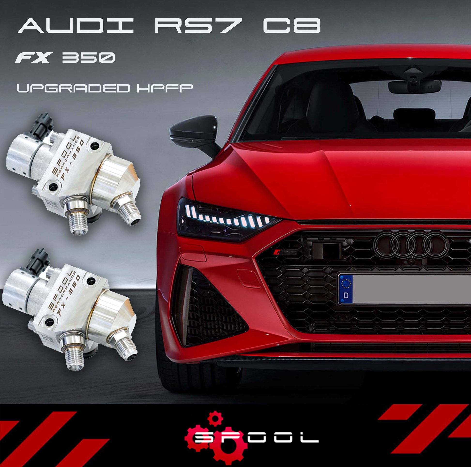 Spool Performance high-pressure fuel pump upgrade system for Audi C8 RS7 Sportback, showcasing the upgraded pump components.