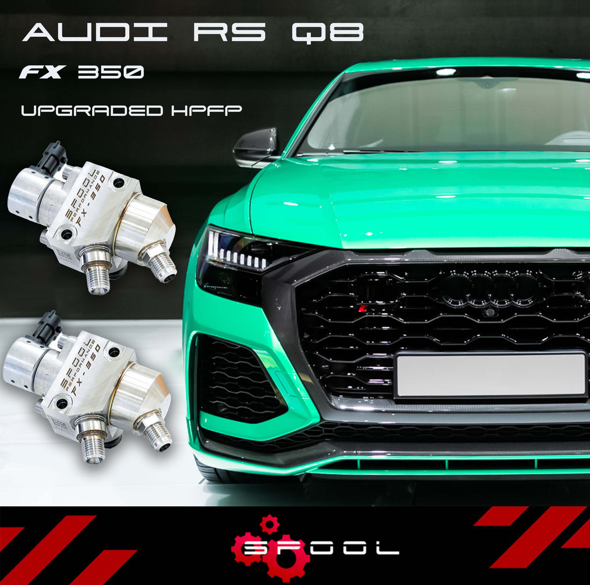 Spool Performance upgraded high-pressure fuel pump system for Audi RSQ8 FX-350, showing the pump with hoses and fittings.