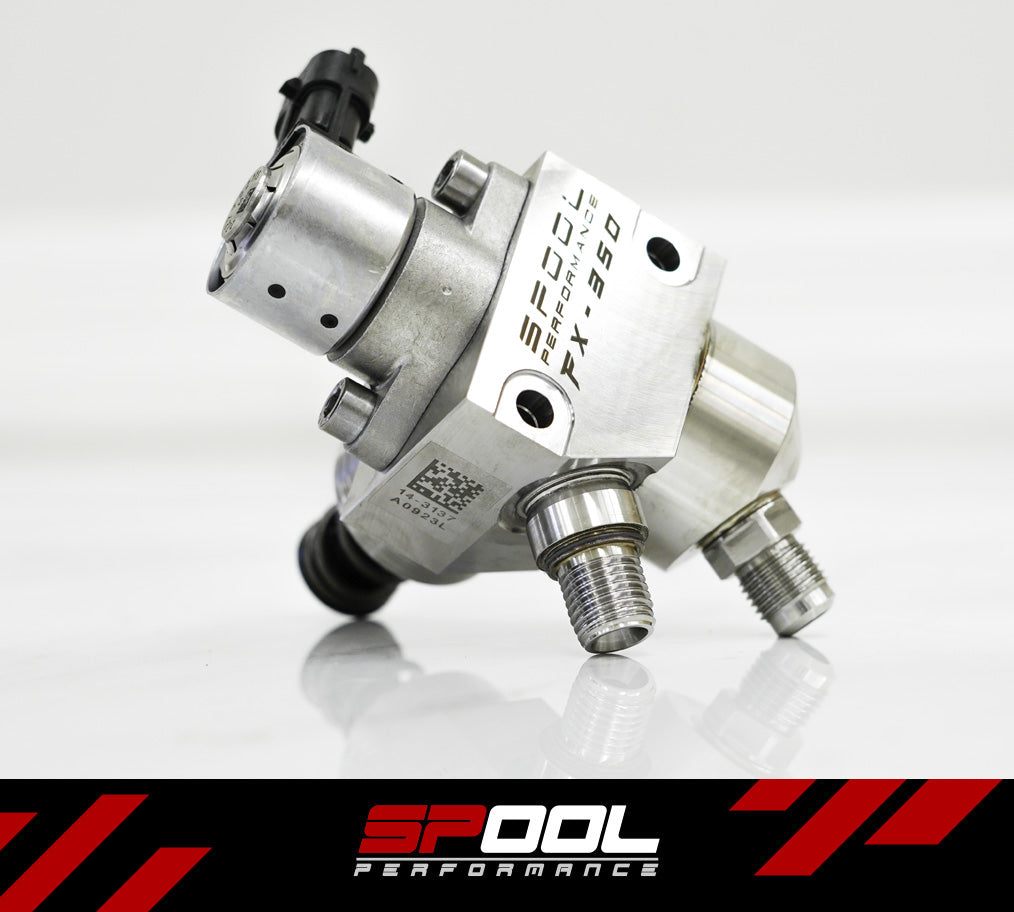Spool Performance upgraded high-pressure fuel pump system for Audi RSQ8 FX-350, featuring detailed pump components and fittings.
