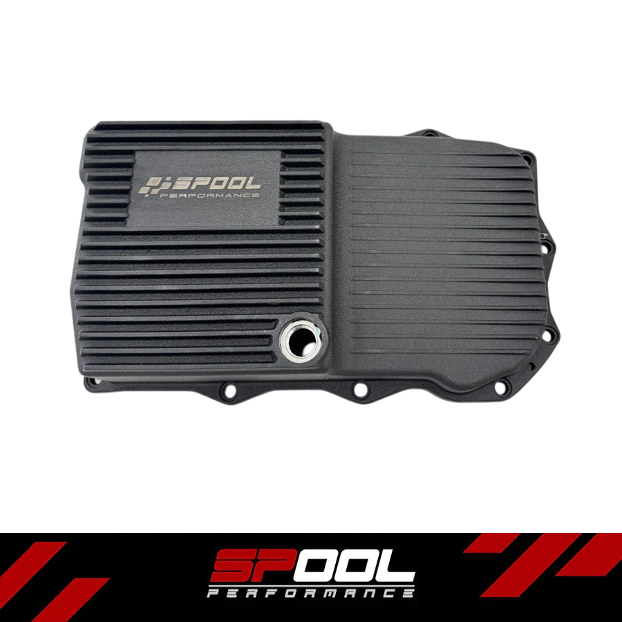 Aluminum high-capacity transmission oil pan for Spool Performance 8HP45, 8HP50, 8HP51, 8HP70, and 8HP76 transmission clutches.
