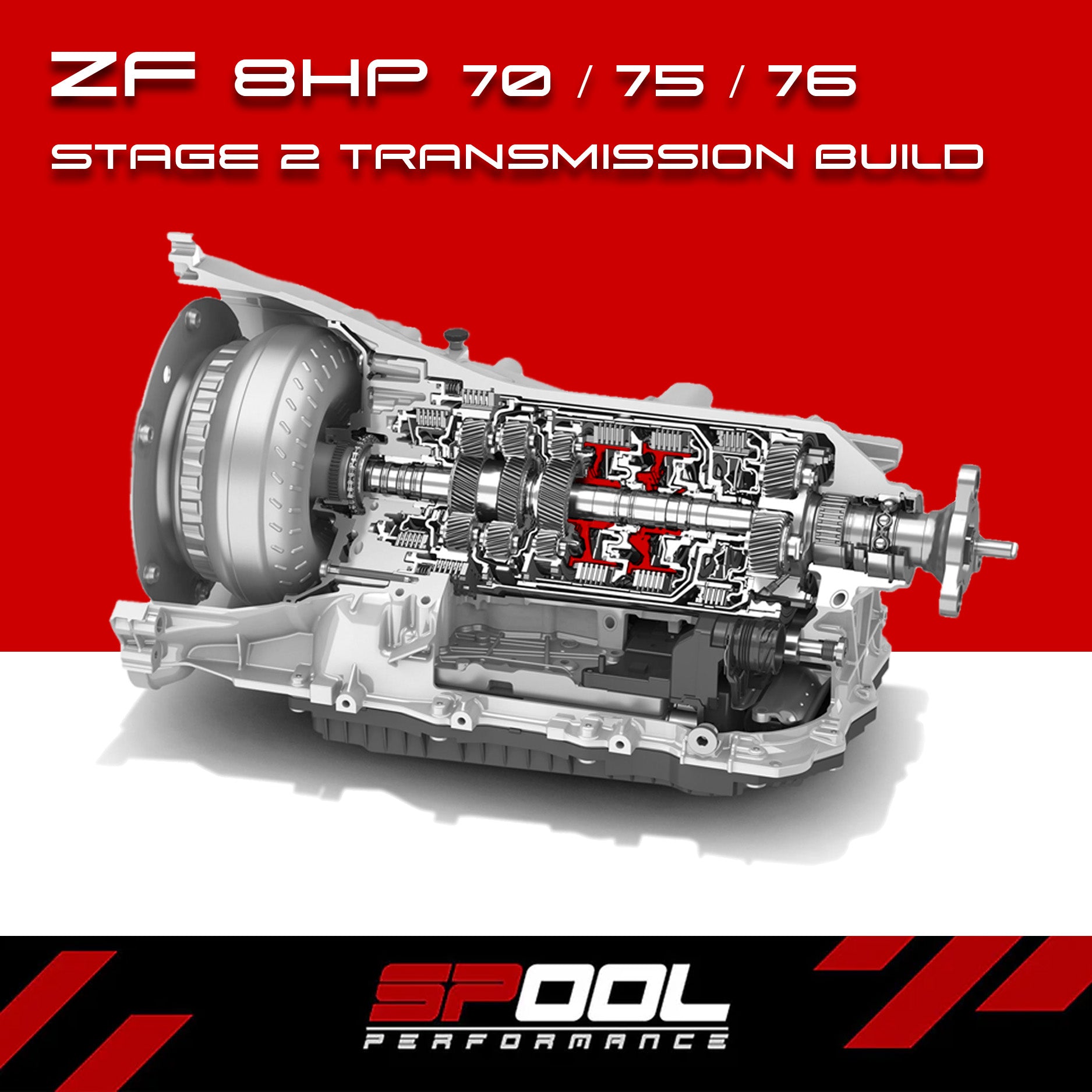 Spool Performance Stage 2 upgraded transmission clutches for 8HP70, 8HP75, 8HP76 transmission models displayed at HQ.