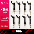 Spool Performance IFX-EA150 upgraded DI injectors for EA825 engine, shown in a close-up image with metallic nozzles and connectors.