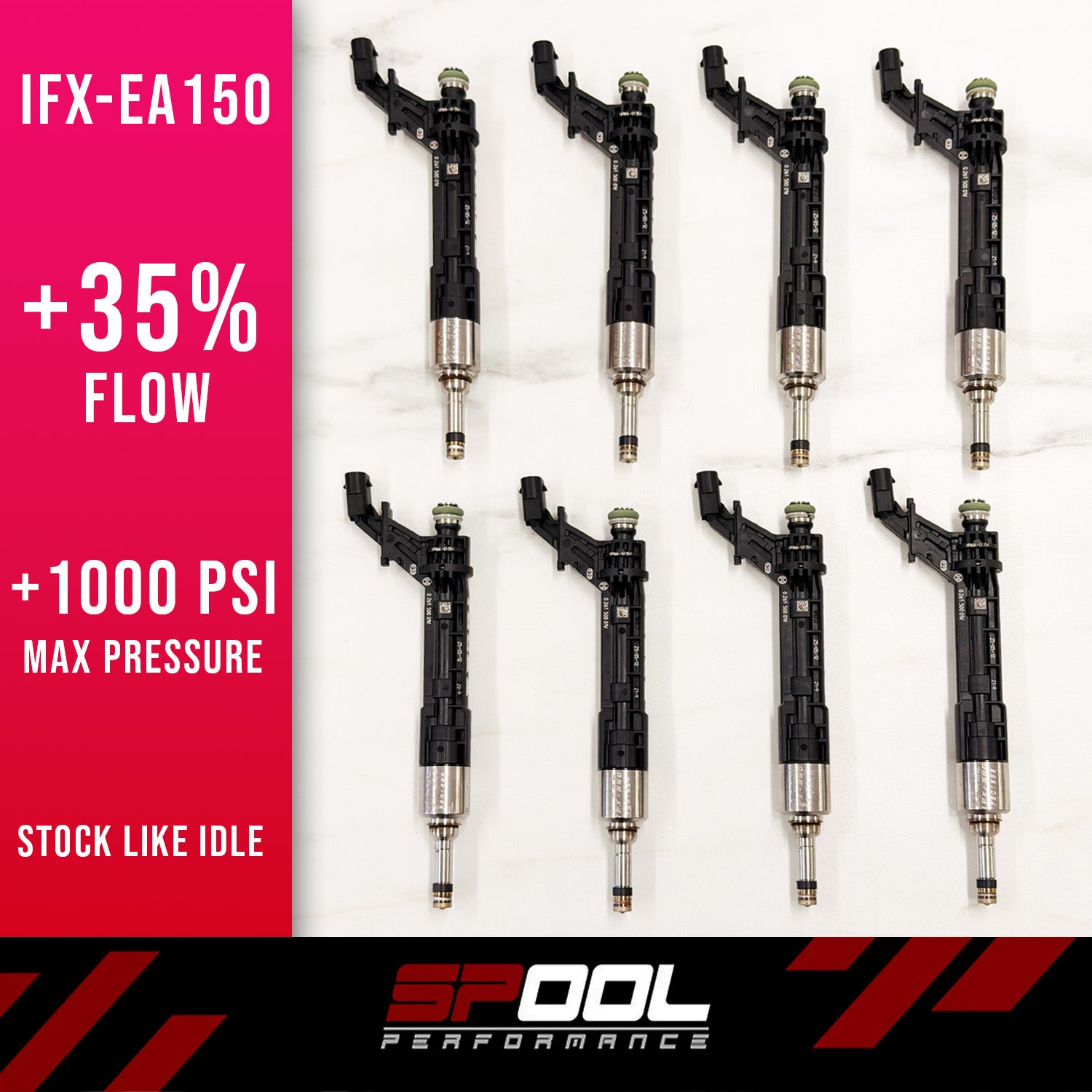 Spool Performance IFX-EA150 upgraded DI injectors for EA825 engine, shown in a close-up image with metallic nozzles and connectors.