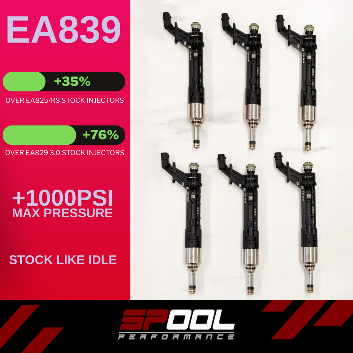 Spool Performance IFX-EA150 upgraded DI injectors for EA839 engine, showing high-performance fuel injectors with metal bodies