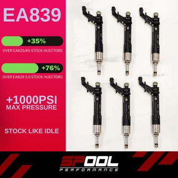 Spool Performance IFX-EA150 upgraded DI injectors for EA839 engine, showing high-performance fuel injectors with metal bodies