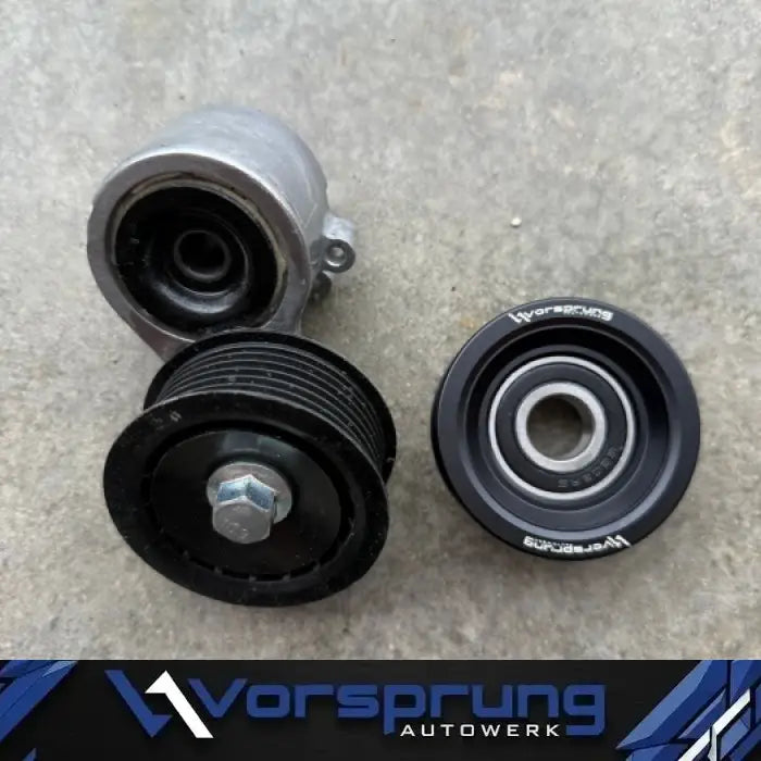 Vorsprung Autowerk billet aluminum supercharger tensioner pulley upgrade for Audi EA837 3.0T supercharged engine.