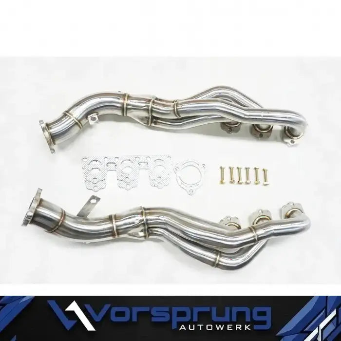 Vorsprung Autowerk Audi 3.0T Supercharged Headers showing polished stainless steel automotive exhaust headers for performance.