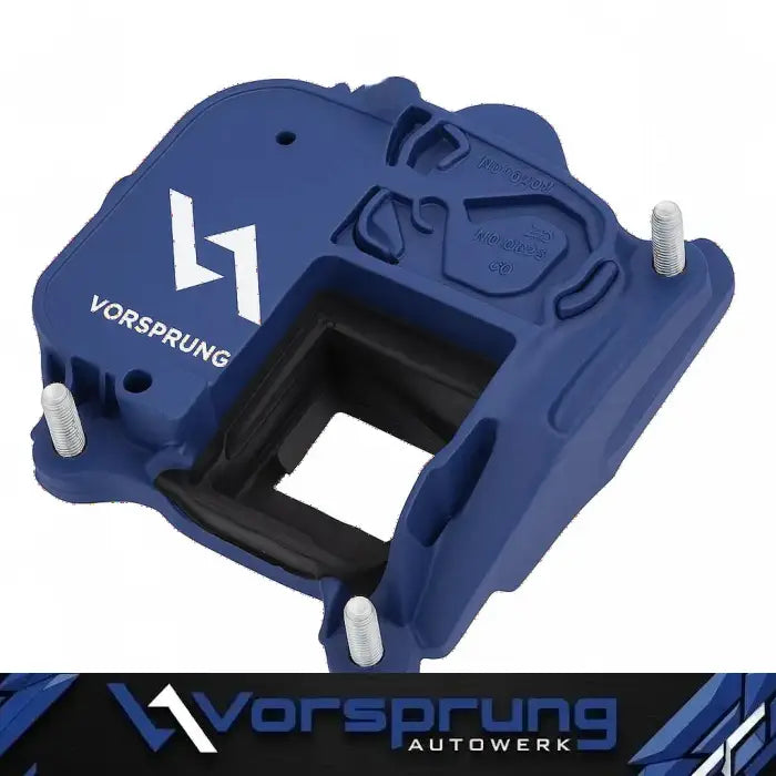 Blue Vorsprung performance engine mount with logo, designed for Audi power and handling upgrades