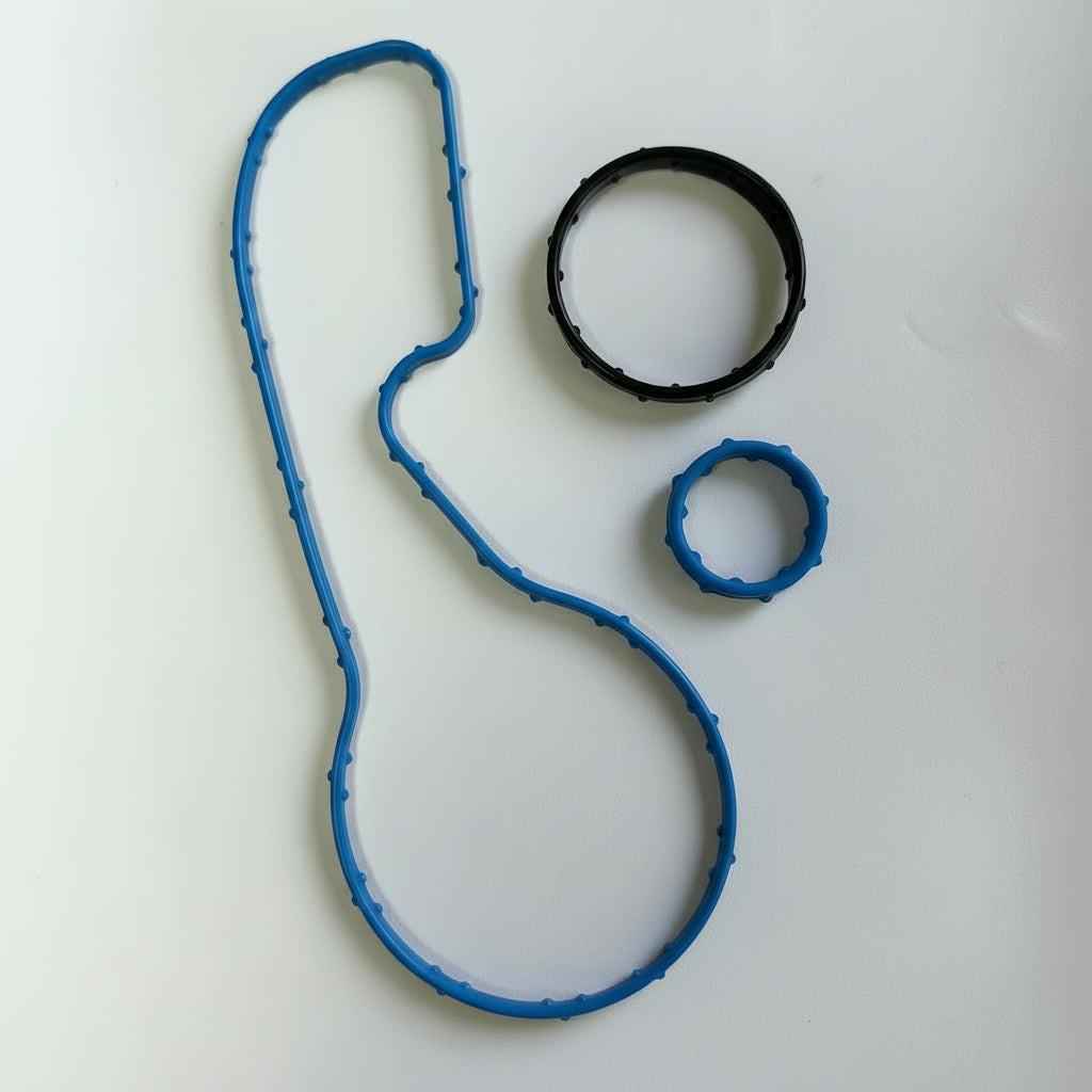 Vorsprung Autowerk TruSeal high-performance oil gasket upgrade for thermostat coolant system, shown installed in engine component.