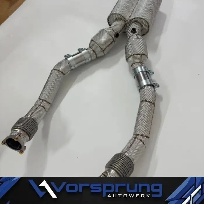 High-flow catted and resonated downpipes for Audi B8.5 S4 S5 A6 3.0T, thermal wrapped.