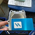 Machined metal engine cover and blue performance plate for Audi 3.0T V6 supercharged engine